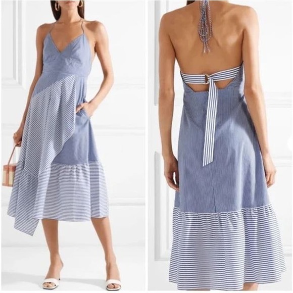 Tibi Sleeveless Collage Striped Halter Midi Dress Asymmetrical Blue Women's Sz 6 - Picture 2 of 9